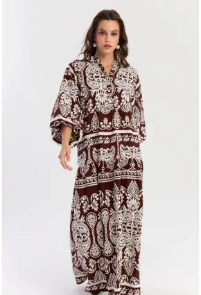 Kadın Kahve-Beyaz Etnik Desenli Maxi Dokuma Elbise ALO325