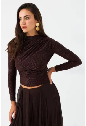 Kadın Kahve Desenli Büzgülü Bluz LPP1279