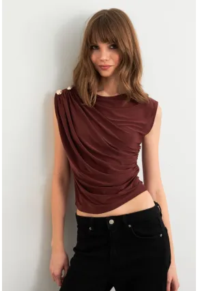 Kadın Kahve Düğme Detaylı Büzgülü Bluz LPP1205-1