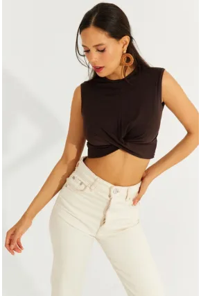 Kadın Kahve Önü Düğümlü Crop Bluz SDY2018