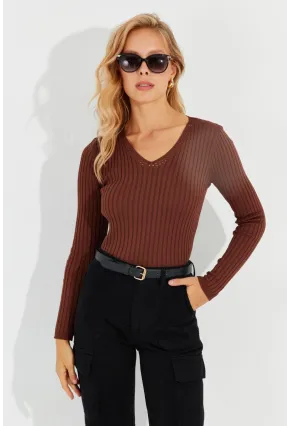 Kadın Kahve V Yaka Fitilli Triko Bluz SMT216