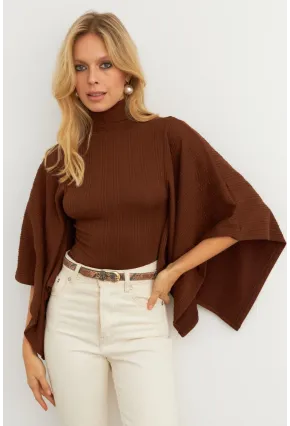 Kadın Kahve Yarasa Kol Balıkçı Bluz MTF32
