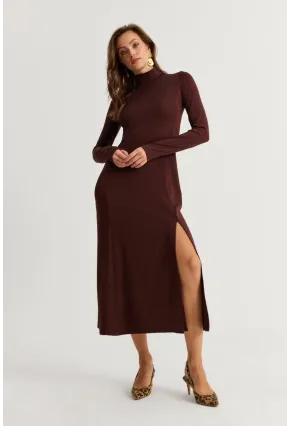 Kadın Kahverengi Balıkçı Yaka Midi Elbise HOR15