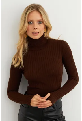 Kadın Kahverengi Balıkçı Yaka Triko Bluz YV102-90