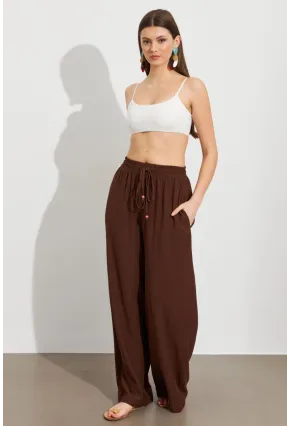 Kadın Kahverengi Beli Lastikli Bürümcük Pantolon ROP105
