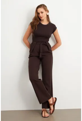 Kadın Kahverengi Beli Lastikli Kuşaklı Pantolon FLU7251