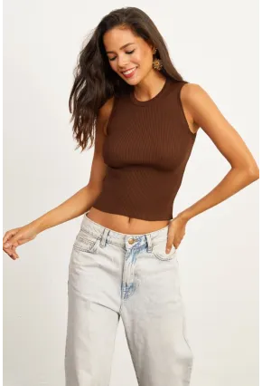 Kadın Kahverengi Bisiklet Yaka Triko Bluz YV91