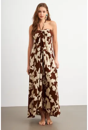 Kadın Kahverengi Büzgülü Desenli Midi Elbise KAB304