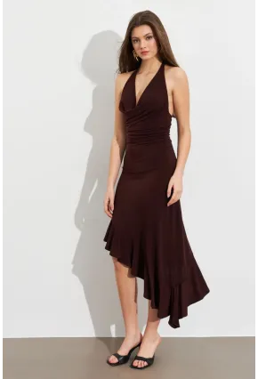 Kadın Kahverengi Degaje Asimetrik Midi Elbise İRE1436