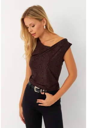 Kadın Kahverengi Degaje Yaka Kolsuz Bluz LPP1297
