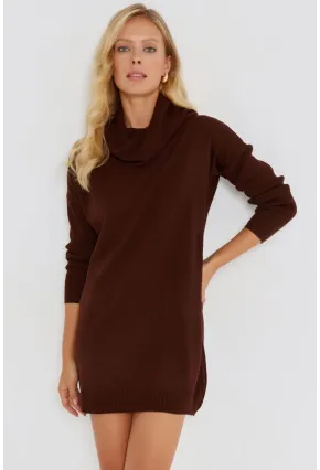 Kadın Kahverengi Degaje Yaka Triko Mini Elbise YV73