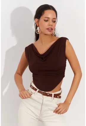 Kadın Kahverengi Degaje Yaka Yanları Büzgülü Crop Bluz B2494