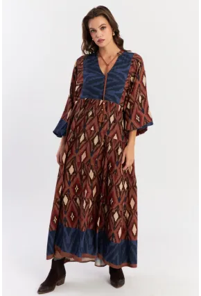 Kadın Kahverengi Desenli Dokuma Maxi Elbise ALO235