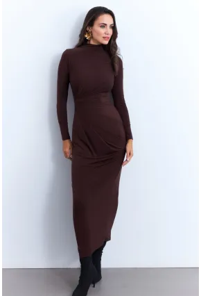 Kadın Kahverengi Drapeli Maxi Elbise LİK12