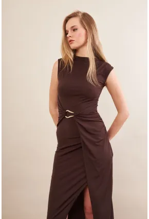 Kadın Kahverengi Eteği Kruvaze Tokalı Midi elbise KED7340