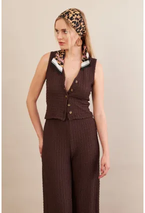 Kadın Kahverengi Gofre Yelek Pantalon Takım FLU330