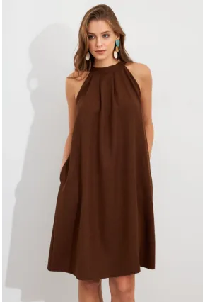 Kadın Kahverengi Halter Yaka Midi Elbise NH5029