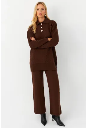 Kadın Kahverengi İnci Düğmeli Triko Alt Üst Takım MNUV33