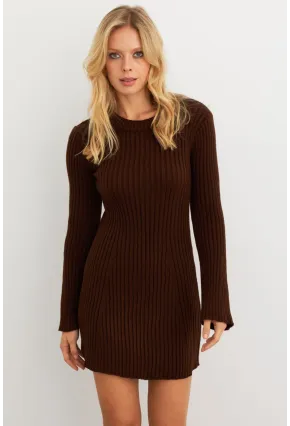 Kadın Kahverengi İspanyol Kol Triko Mini Elbise YV273