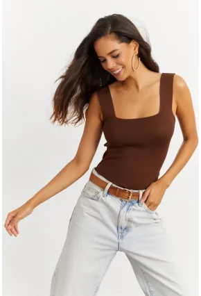 Kadın Kahverengi Kare Yaka Triko Bluz YV87