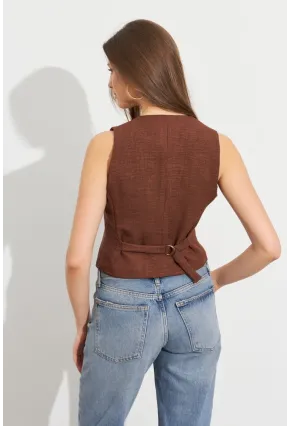 Kadın Kahverengi Keten Astarlı Yelek TW60046