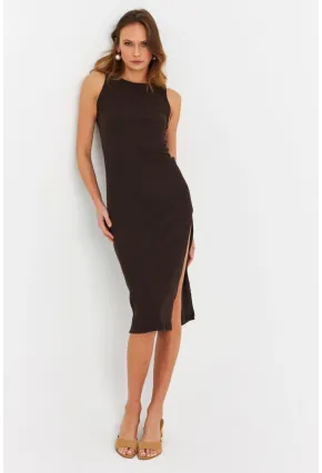 Kadın Kahverengi Kolsuz Kaşkorse Midi Elbise OR2032-1