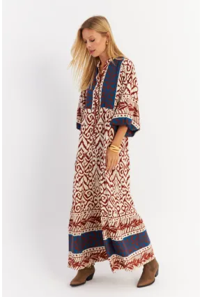 Kadın Kahverengi-Lacivert Volanlı Maxi Elbise ALO11