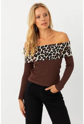 Kadın Kahverengi Leopar Bloklu Madonna Bluz AYD396