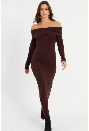 Kadın Kahverengi Madonna Yaka Maxi Elbise LİK10