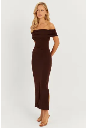 Kadın Kahverengi Madonna Yaka Midi Elbise DMR298