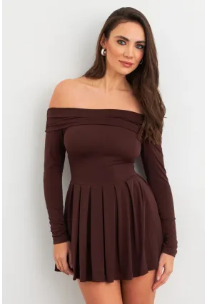 Kadın Kahverengi Madonna Yaka Midi Elbise MON1262