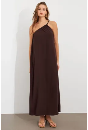 Kadın Kahverengi Tek Omuz Maxi Elbise İRE1012