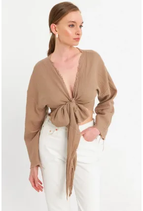 Kadın Kahverengi Müslin Crop Bluz PC20700