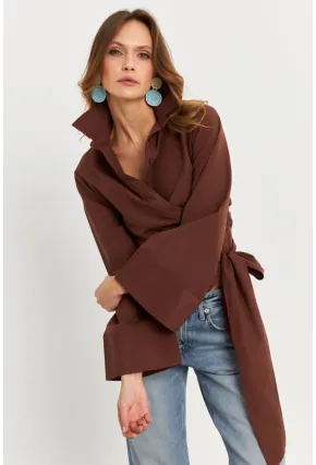 Kadın Kahverengi Önü Bağlamalı İspanyol Kol Gömlek MON142
