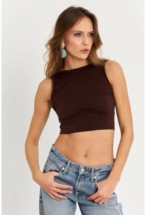 Kadın Kahverengi Sırt Bağlamalı Crop Bluz EY2733