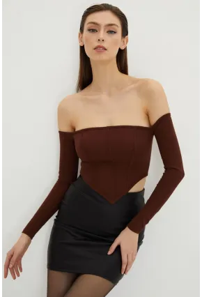 Kadın Kahverengi Sırt Fermuarlı Crop Bluz B518