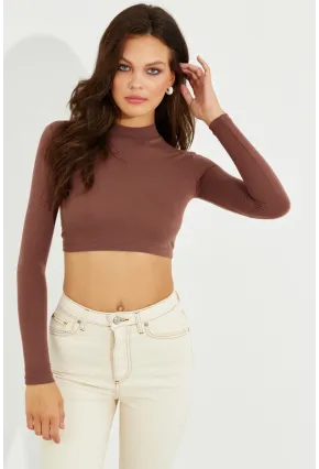 Kadın Kahverengi Sırtı Açık Crop Bluz LPP1232