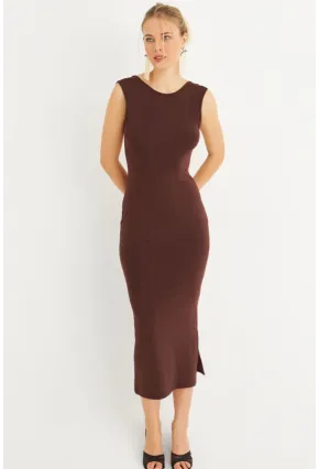 Kadın Kahverengi Sırtı Açık Midi Elbise YEL221672
