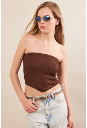 Kadın Kahverengi Straplez Triko Crop Bluz ZH049