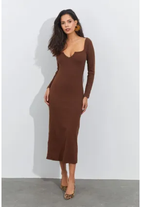 Kadın Kahverengi V Yaka Maxi Kaşkorse Elbise EY1086