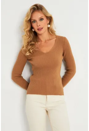 Kadın Kahverengi V Yaka Triko Bluz YV284