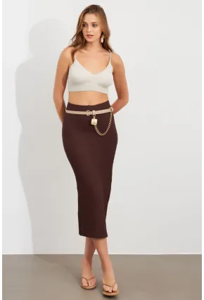 Kadın Kahverengi Yırtmaçlı Bürümcük Midi Etek ZH329