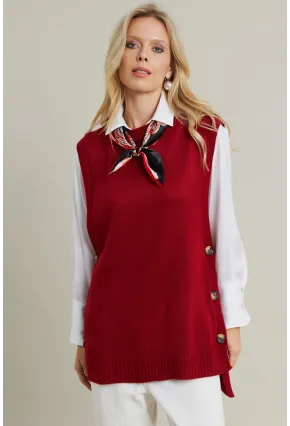 Kadın Kiremit Yanları Düğmeli Kolsuz Triko Tunik YV75