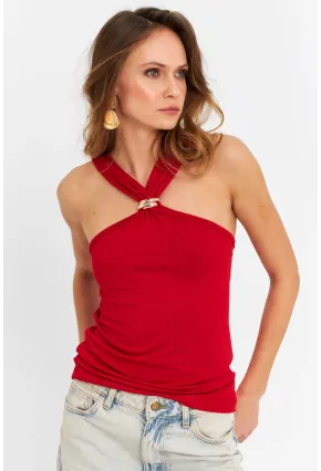 Kadın Kırmızı Aksesuarlı Çapraz Yaka Bluz EY3068