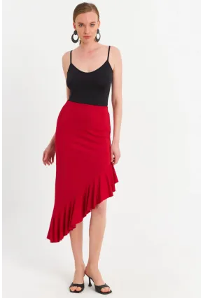 Kadın Kırmızı Asimetrik Pileli Etek EV741