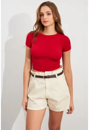 Kadın Kırmızı Basic Kısa Kollu Bluz UG2444
