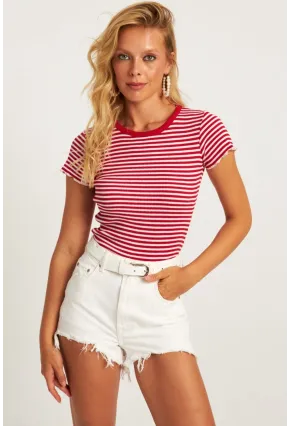 Kadın Kırmızı-Beyaz Çizgili Bluz XL2005