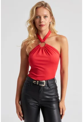 Kadın Kırmızı Boyun Bağlamalı Halkalı Crop Bluz EY2674