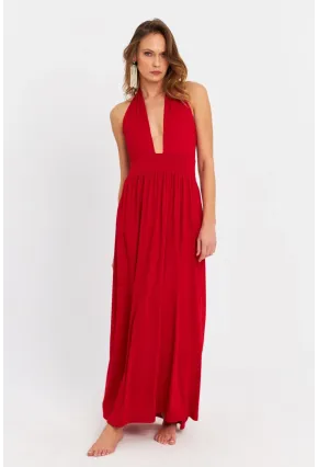 Kadın Kırmızı Boyun Bağlamalı Maxi Elbise EY3075