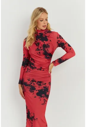 Kadın Kırmızı Büzgülü Desenli Midi Elbise MON118